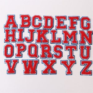 Red Chenille Iron On Letters with Blue Border