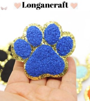 Shiny Chenille Cat Paw Patch with blue, Golden Border