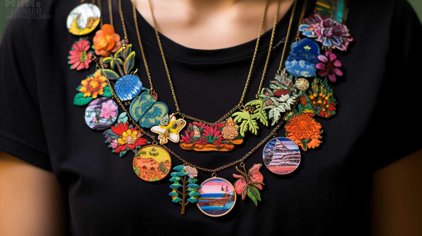 A woman wearing a necklace with patches, featuring iron-on patch ideas.