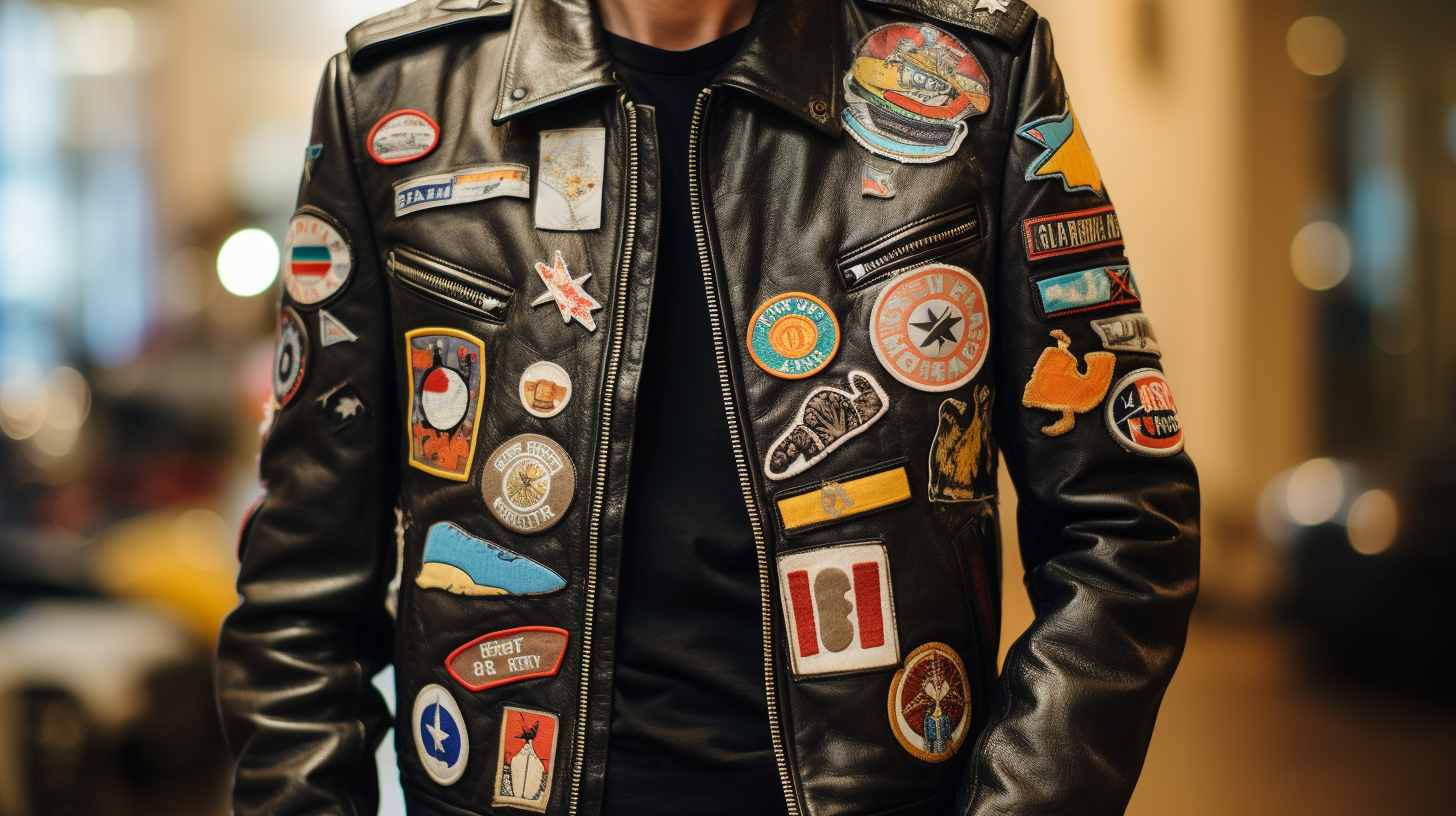 A man donning a leather jacket showcasing iron on patch ideas.