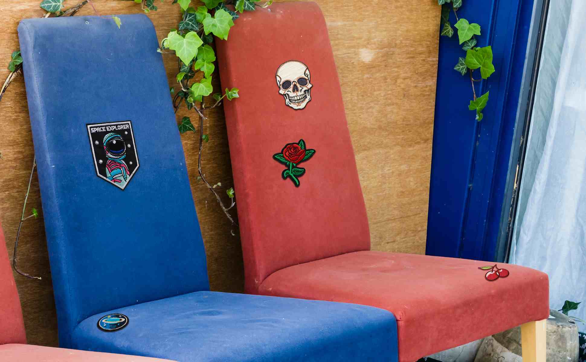 A blue and red chair with a skull on it showcasing iron on patch ideas 