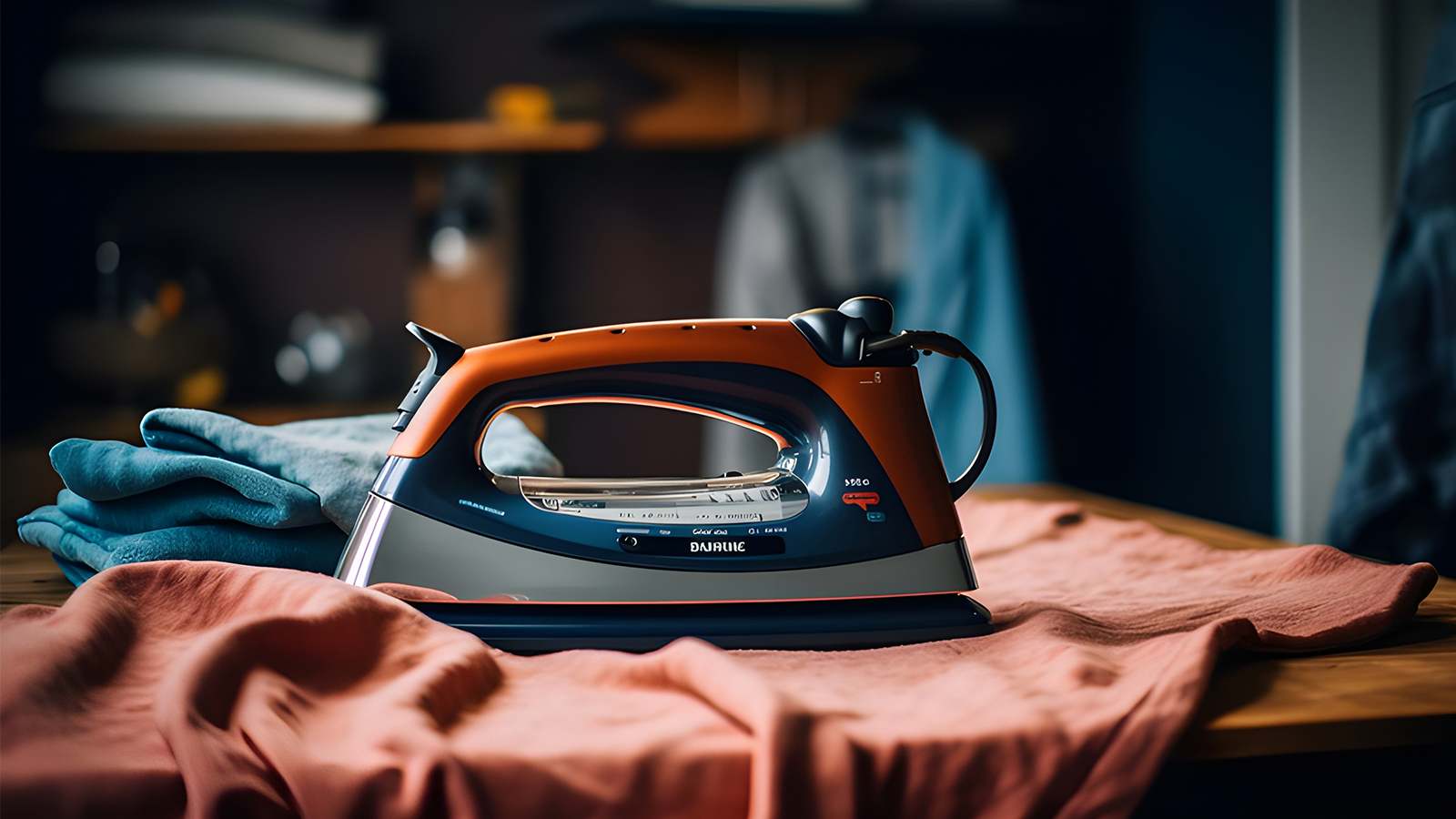 Demonstrating how to iron on patches with an iron on a denim jacket