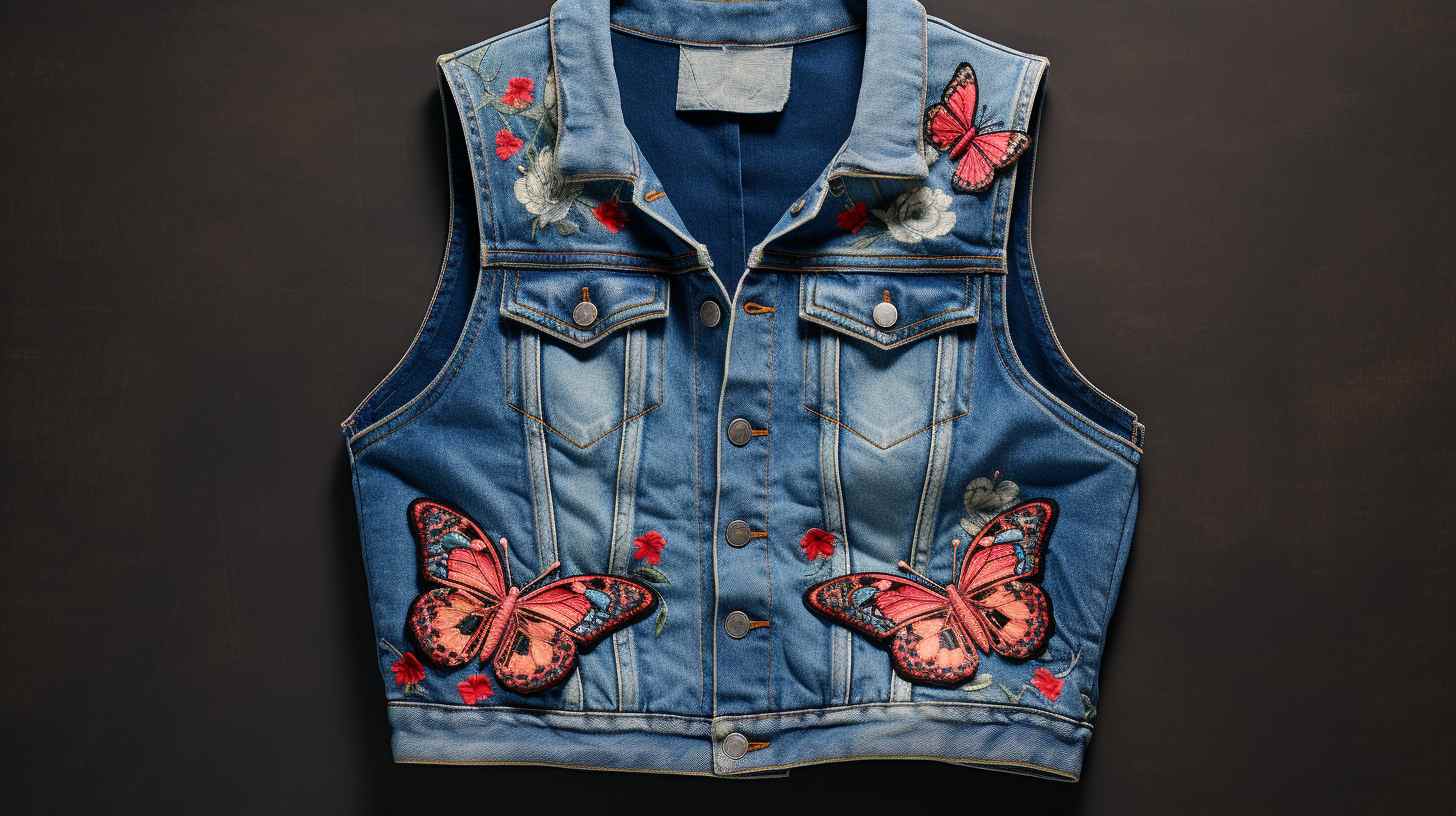 A denim vest with butterflies embroidered showcasing iron-on patches
