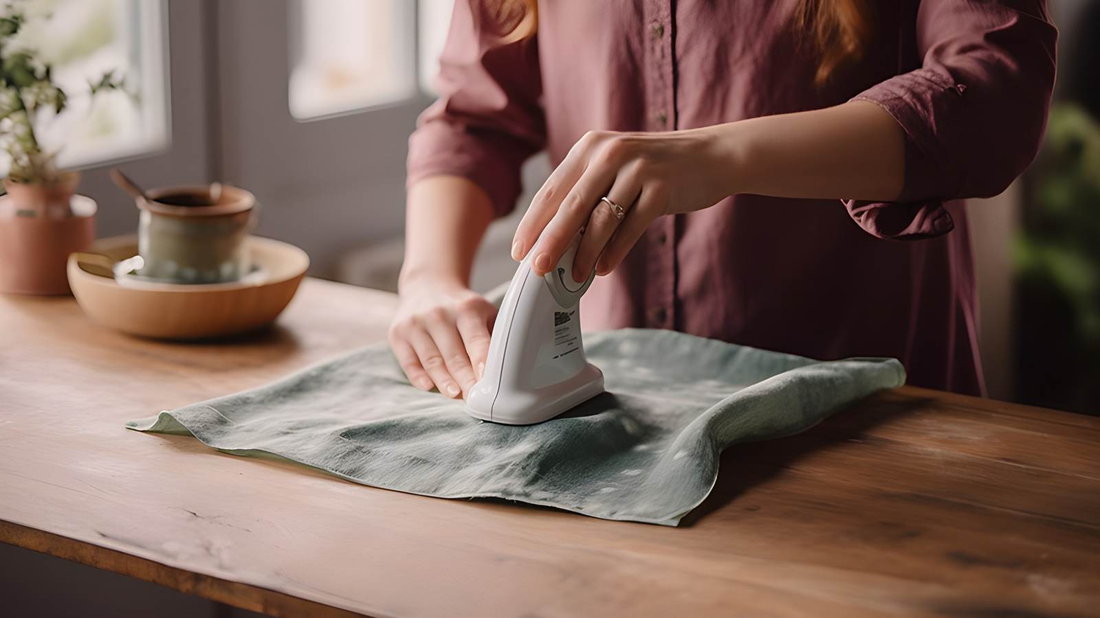 A woman ironing a cloth on a wooden table.