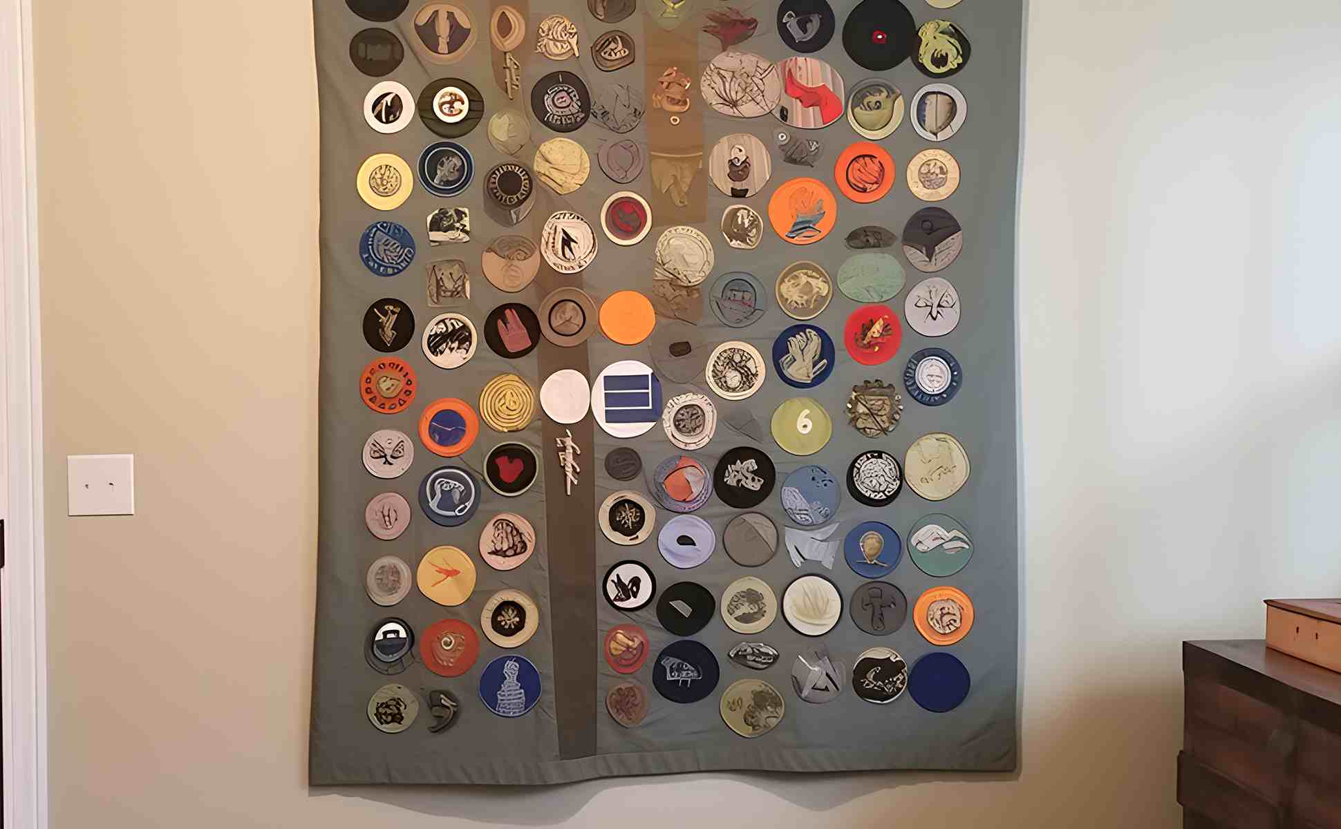 A tapestry with a lot of badges on it showcasing iron on patch ideas 