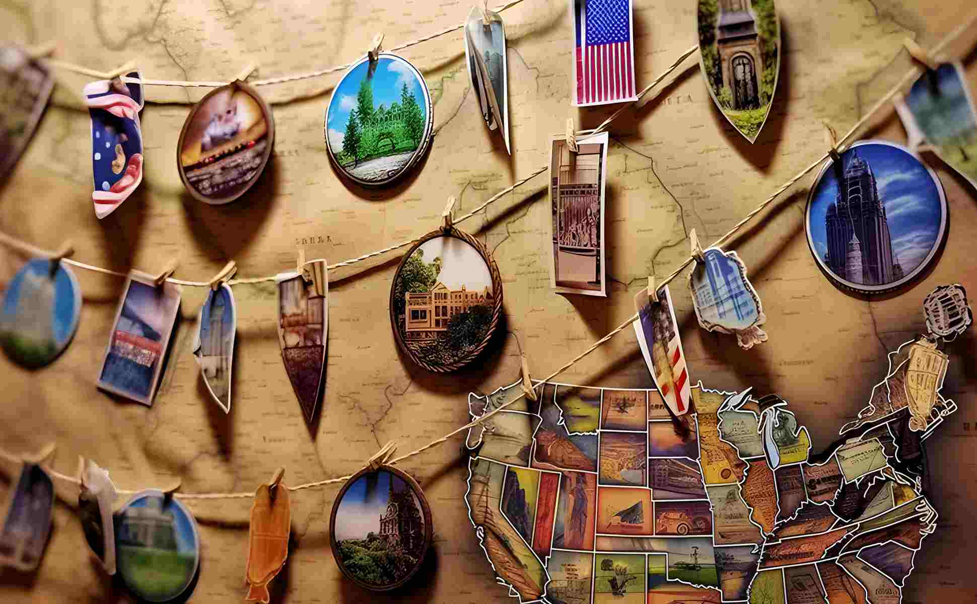 A string of pictures hanging from a map of the united states.