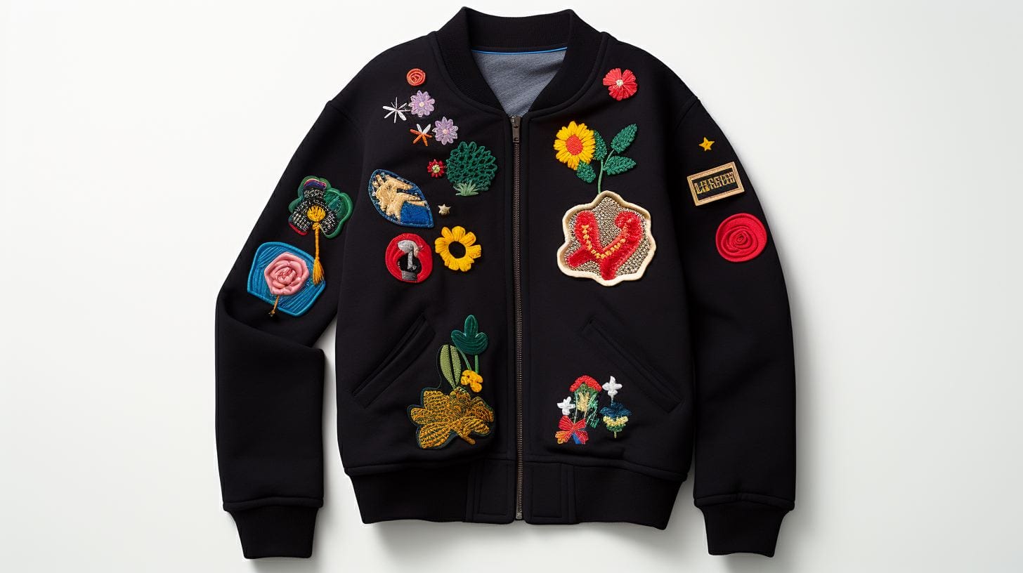 A black jacket with embroidered patches on it, featuring iron-on patch ideas.