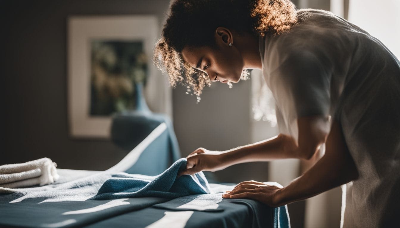 Place a towel over the garment and press the iron