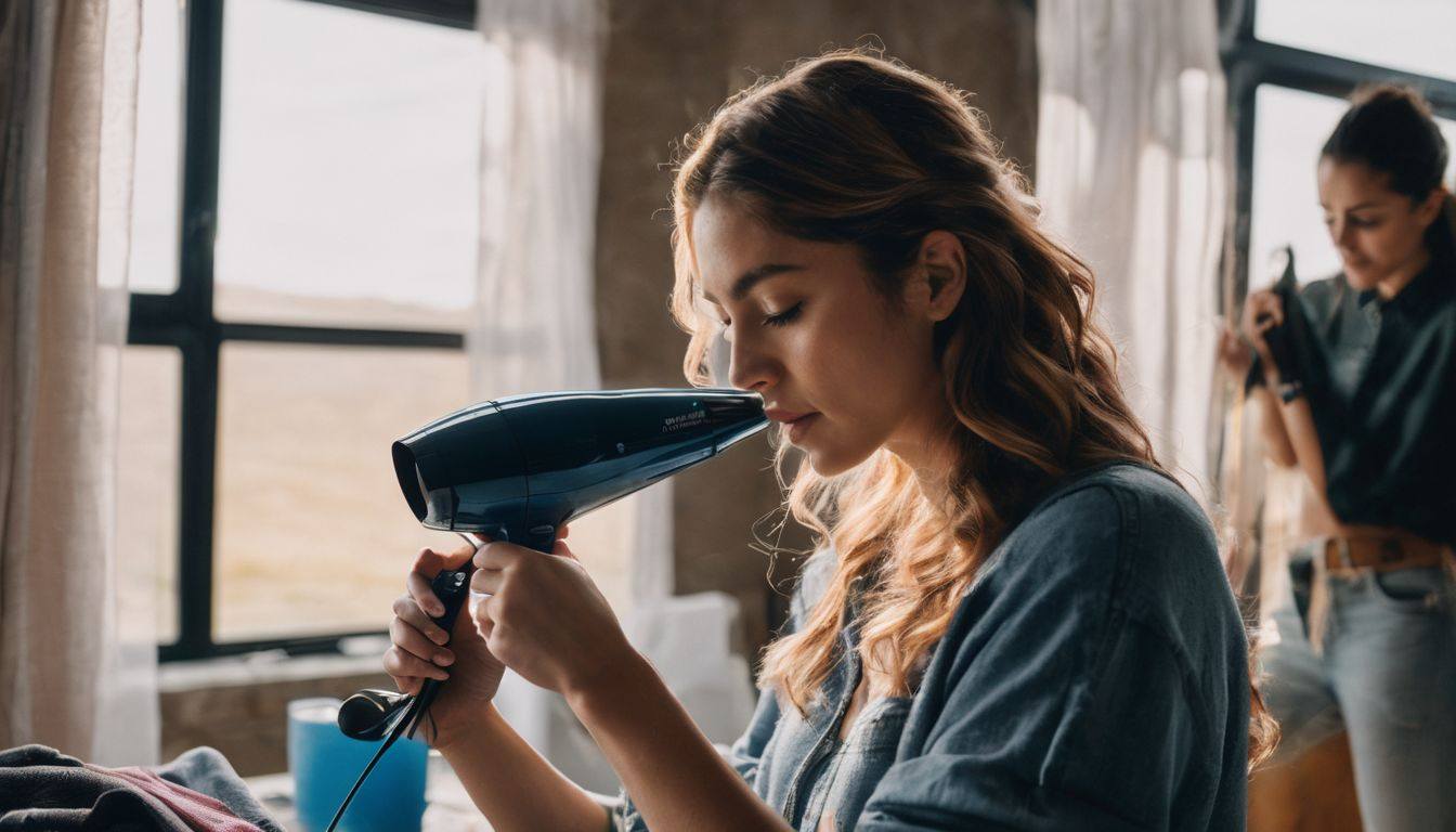 A person is ironing a patch with a hair dryer