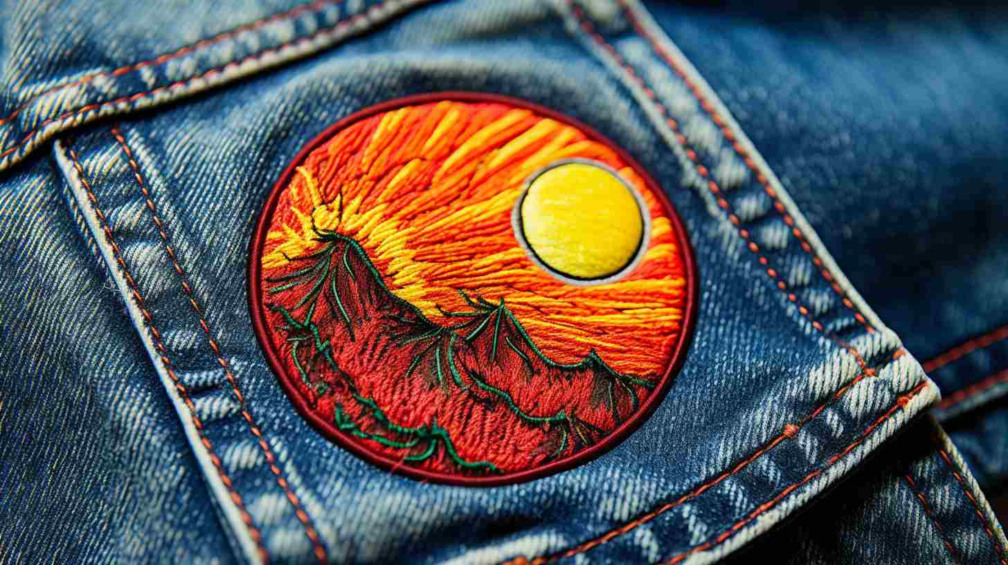 how long do iron on patches last - An embroidered patch of a sunset on a denim jacket.