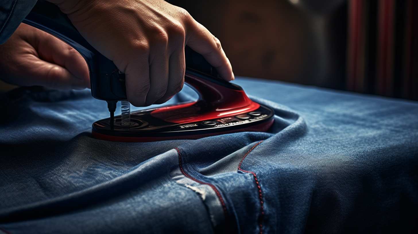 A person ironing a pair of jeans.