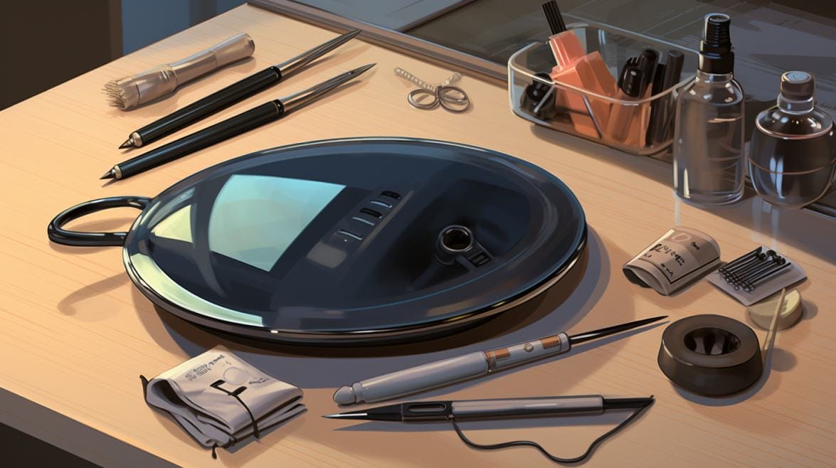 ironing tools ：a hair straightener , a hairdryer and a double-sided tape