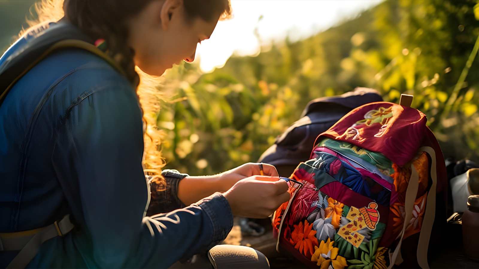 DIY tutorial - how to sew a patch on a backpack demonstrated by a young woman
