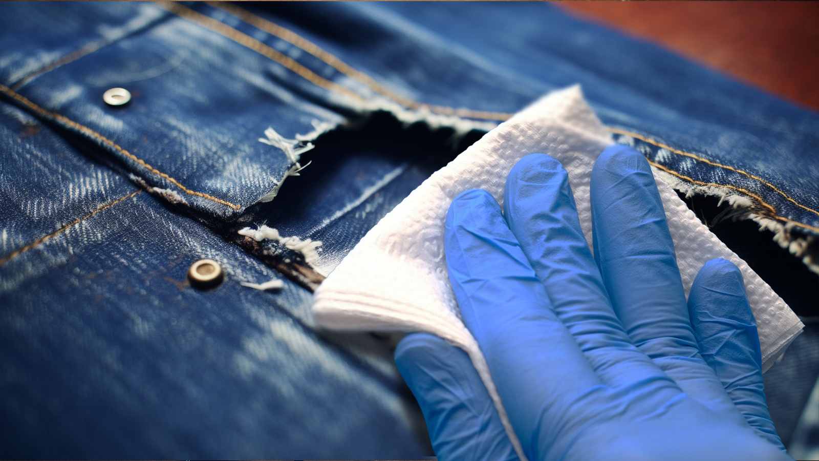 A pair of blue gloves is being used to clean a pair of jeans.
