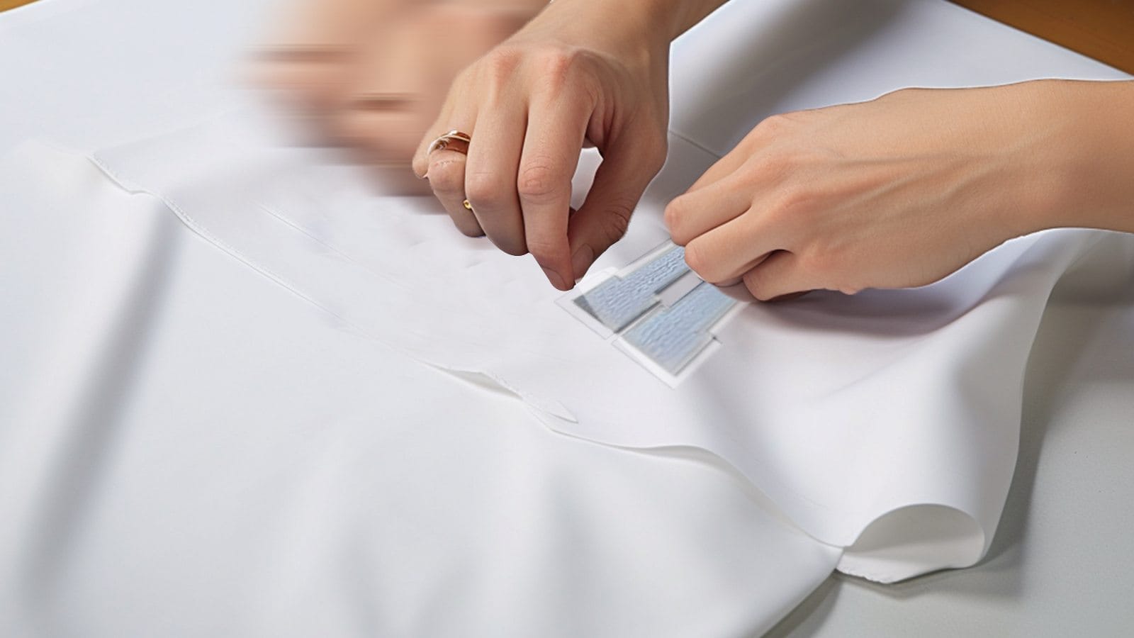Description: A person ironing on letters with plastic backing onto a piece of white fabric.