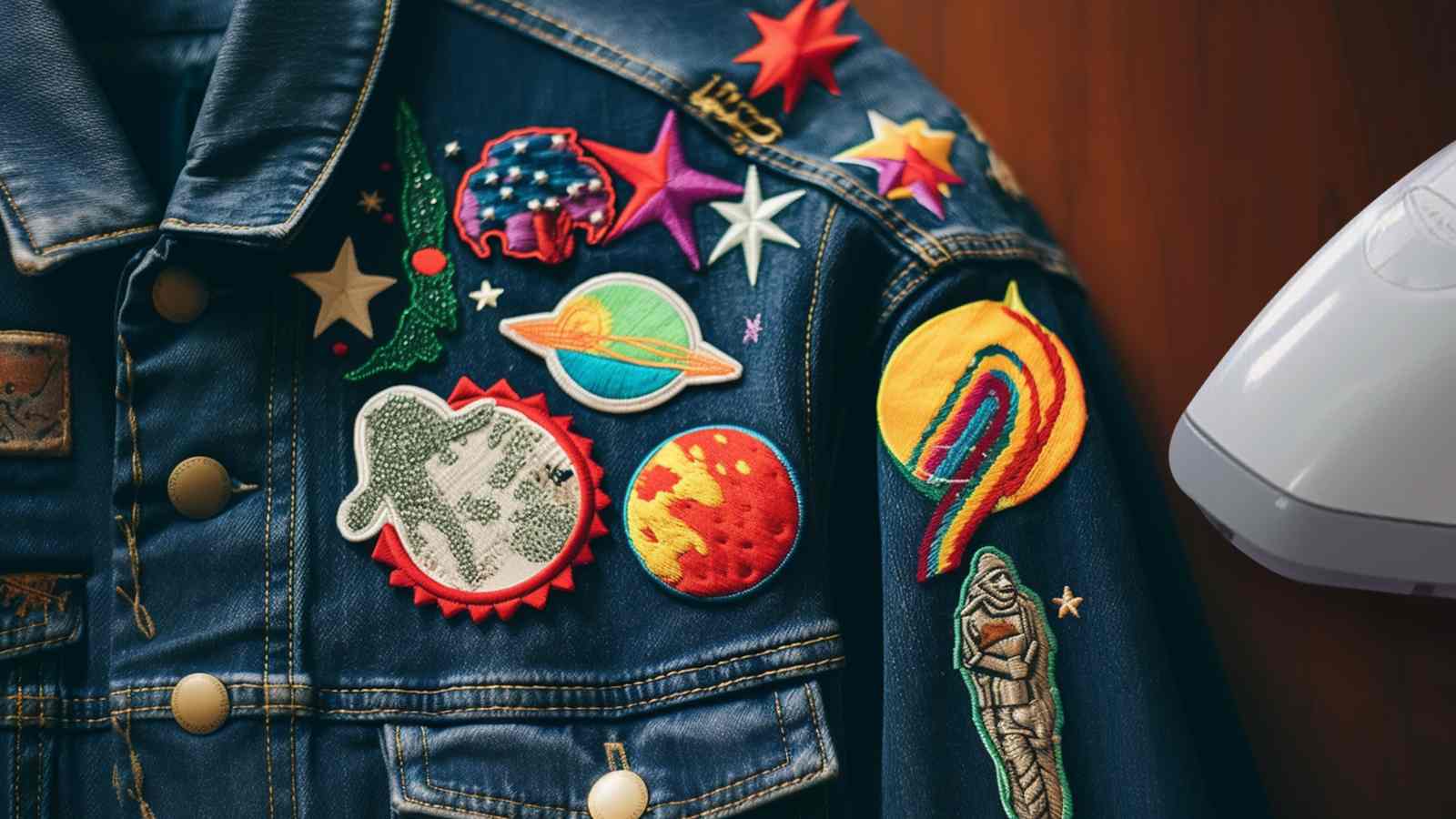 A denim jacket with patches and a sewing machine.