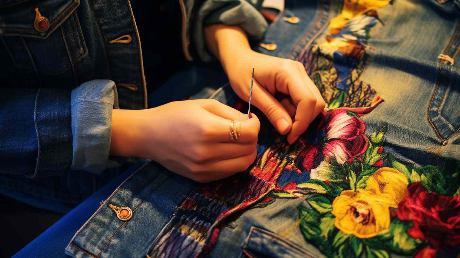 A woman is putting flowers on a denim jacket.