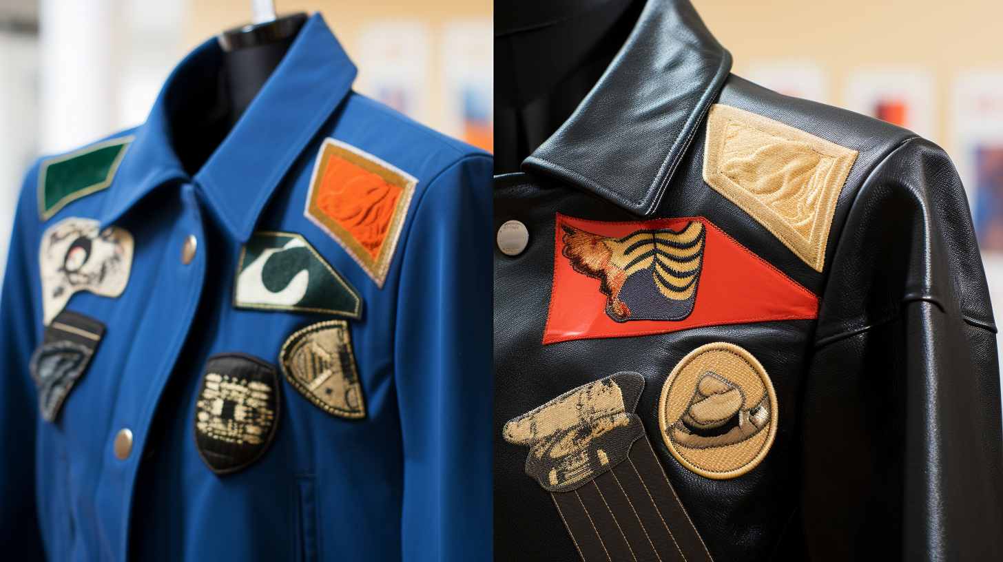 Two jackets with different patches on them.
