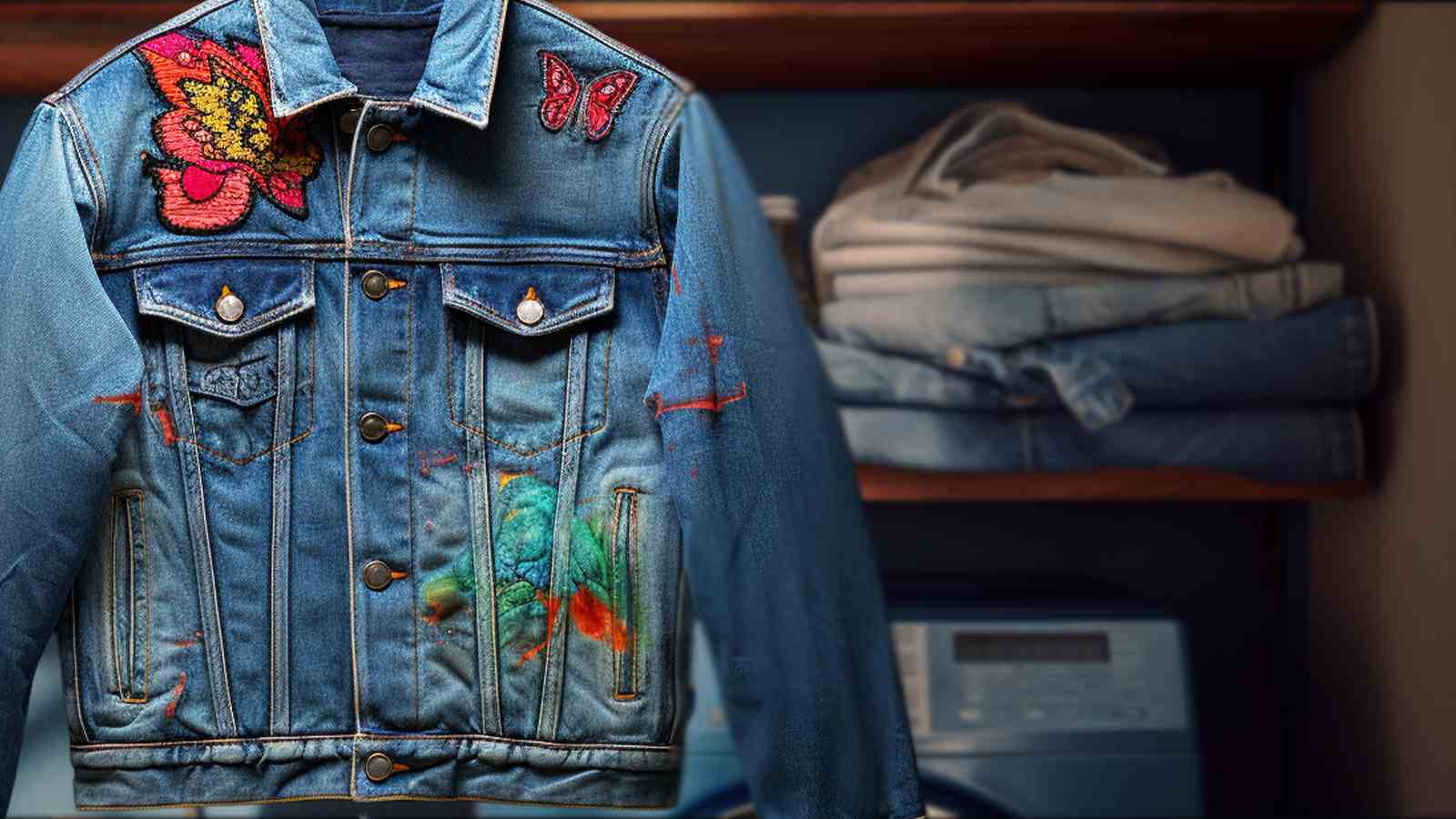 A blue denim jacket hanging in a closet.