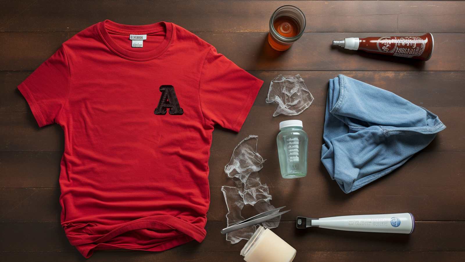 A red t - shirt and other items on a wooden table.