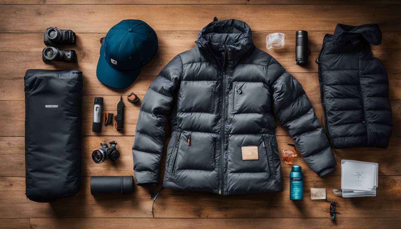 A down jacket and other items laid out on a wooden floor.