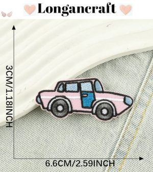A pink car embroidered on a pair of jeans.