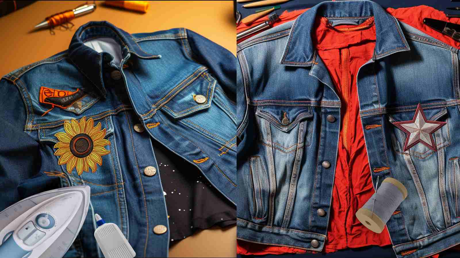 Two pictures of a denim jacket with a star on it.