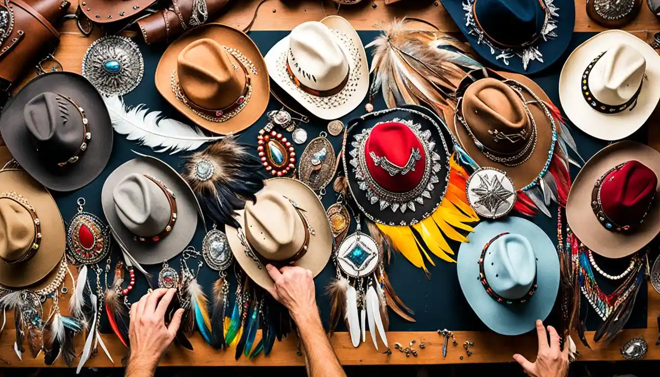 A number of well-decorated cowboy hats with different decorations.