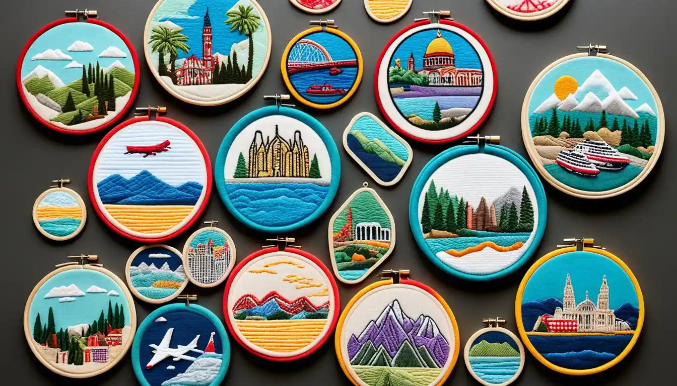 Travel patches ideas: use embroidery hoops to display travel patches.